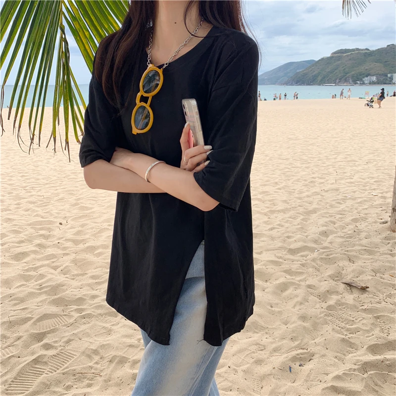 

YTX401 Summer 2021 new Korean version of loose design sense split net red half-sleeved T-shirt