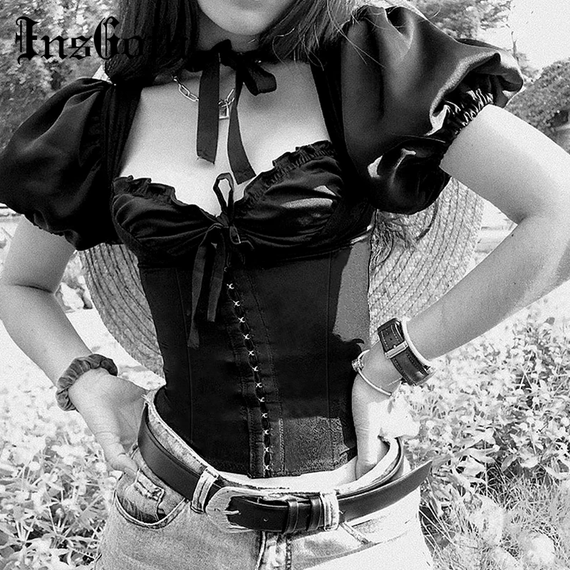 Женский винтажный облегающий Топ InsGoth пикантный топ с пышными короткими рукавами