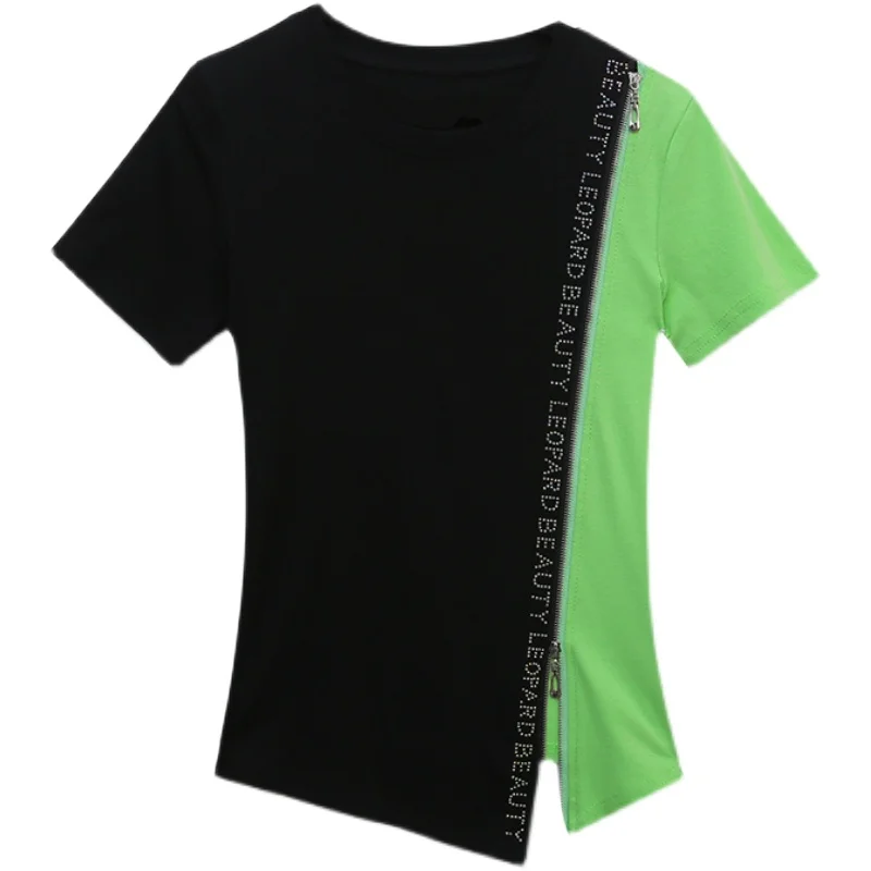 

Irregular zipper design with hot rhinestones Women's t-shirt Fashion Casual Short Sleeve Patchwork Women tops shirt