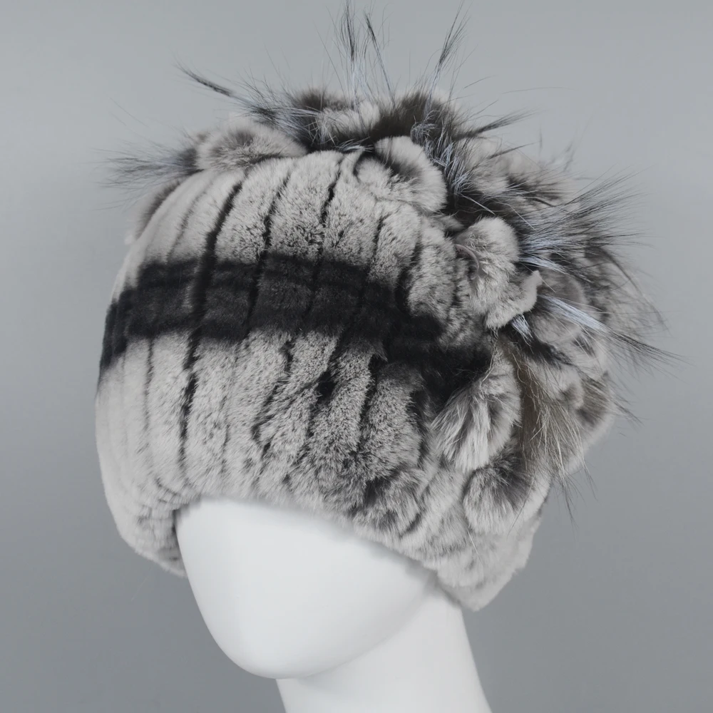 

2021 Natural Rex Rabbit Fur Flowers Hat Women Winter Warm Handmade Knit Real Rex Rabbit Fur Caps Lady With Fox Fur Beanies Hats
