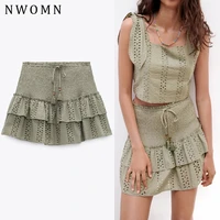 nwomn za 2021 woman skirts cutwork mini embroidery high waist skirt women elastic ruffle a line summer skirt ruched short skort