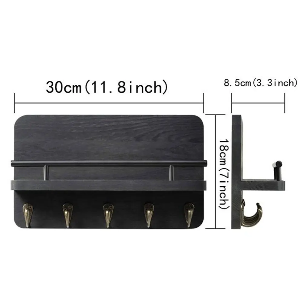 

30cm Door Hanging Hook Wooden Decorative Wall Mount Entryway Mail Hanger Multifunction Holder With 5 Key Hooks Wall Shelf Black