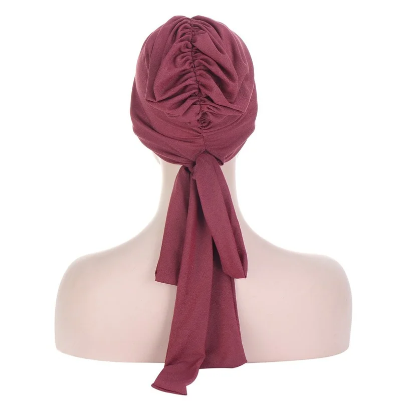 

Muslim Women Stretch Solid Wrinkle Turban Hat Cancer Chemo Beanies Caps Pre-Tied Scarf Headwear Headwrap Plated Hair Accessories