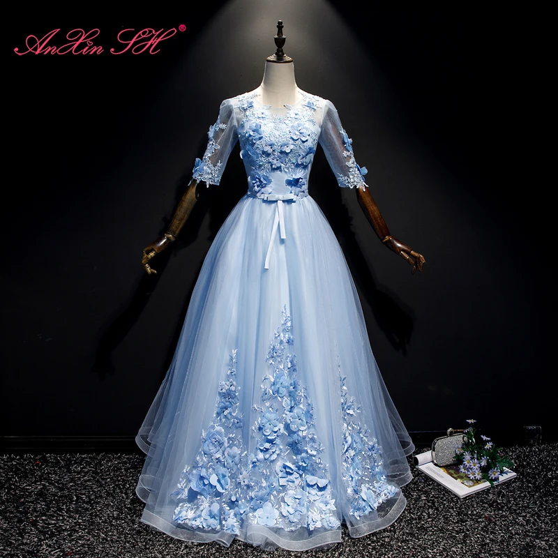 

AnXin SH flower princess blue lace luxury vintage beading pearls bow stage o neck half sleeve illusion bride evening dress