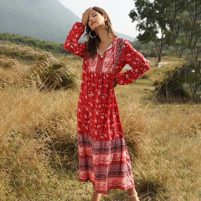 

Ladies Elegant Summer Long Bohemian Print Dress Women 2021 New Full Sleeve V-neck Ankle Length Dress