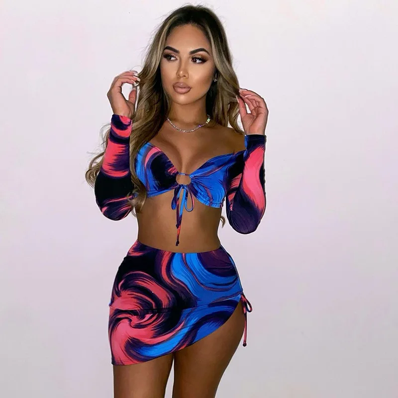 

2021 European and American two-piece women's and women's striped print contrast lace drawstring sexy sports suit
