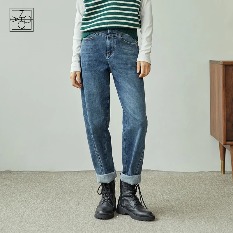 

ZIQIAO Women's Retro Denim Blue High-waisted Velvet Jeans 2021 Winter New Commuter Straight Cotton Thick Jean Women Casual Pant