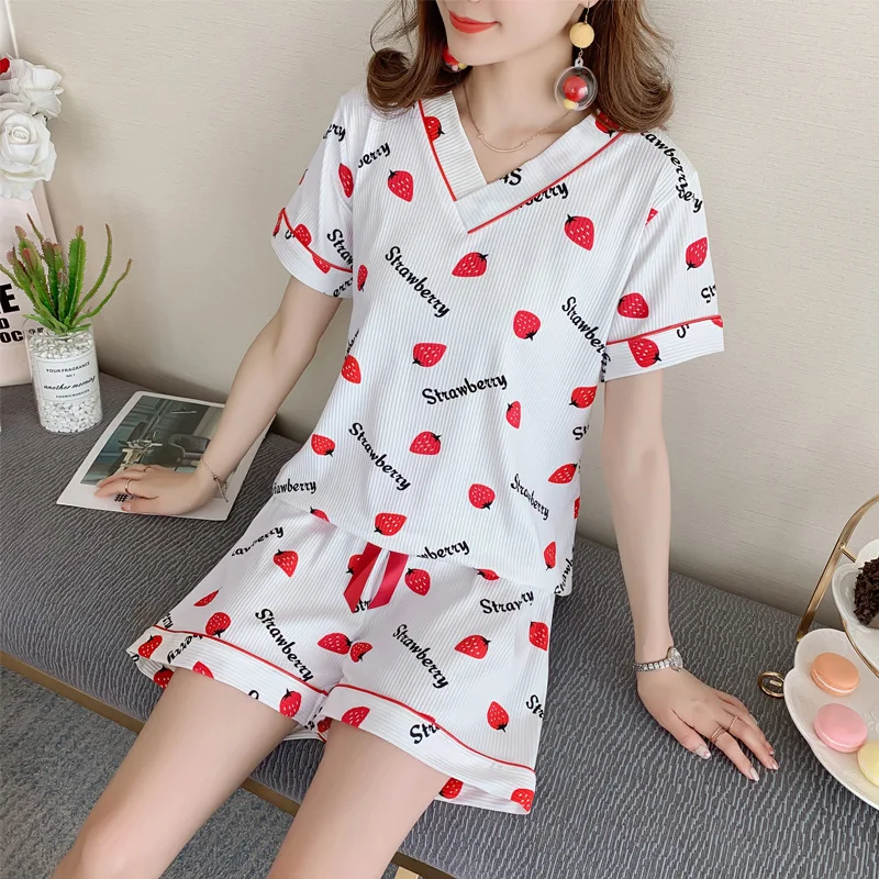 Новинка 2020 тонкая Пижама с коротким рукавом и мультяшным принтом Женский