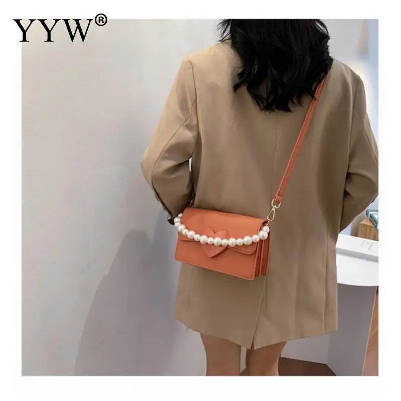 

PU Leather Crossbody Bags For Women 2020 Small Shoulder Simple Bag Solid Fashion Design Female Travel Handbags with Pearl Chain