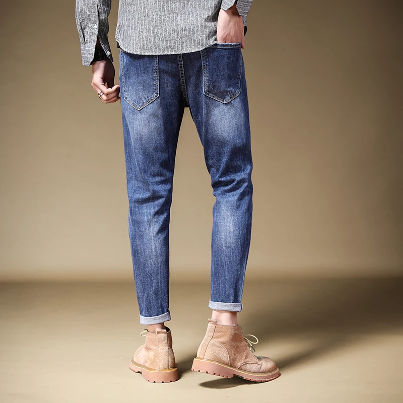 Summer Men's Thin Blue Jeans Stretch Slim Fit Ankle-Length Pants Casual Streetwear Denim Trousers
