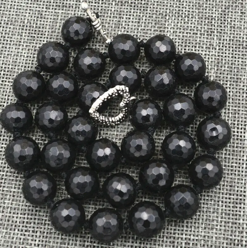 

Natural 12mm Faceted Round Black Agate Necklac 17"