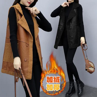 

Double Breasted Long Vest Women Lamb Waistcoats Patchwork Black Vest Splicing Leather Jacket Winter Coletes Feminino Plus Size