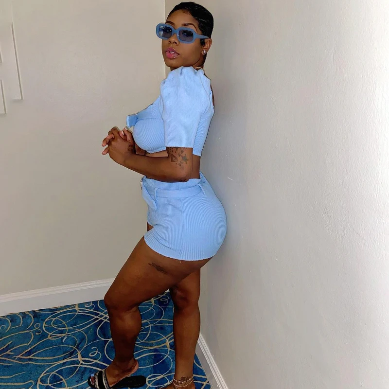 

CIBBAR Knitted Solid Two Piece Set Women Puff Short Sleeve Crop Top+High Waist Shorts With Belt Outfits Sexy Fahsion Streetwear