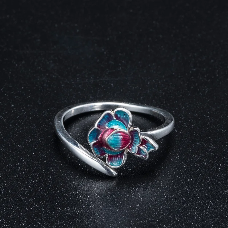 

s925 sterling silver Fashionable personality elegant temperament hand ornaments burnt blue peony flower open ring jewelry