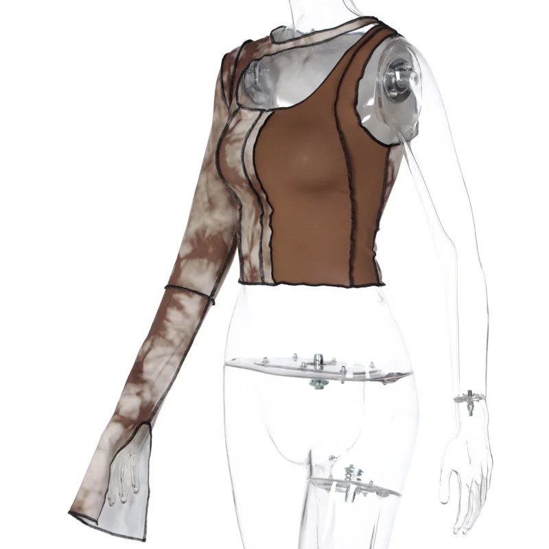 Женская футболка с вырезом и одним рукавом укороченный топ в стиле пэчворк