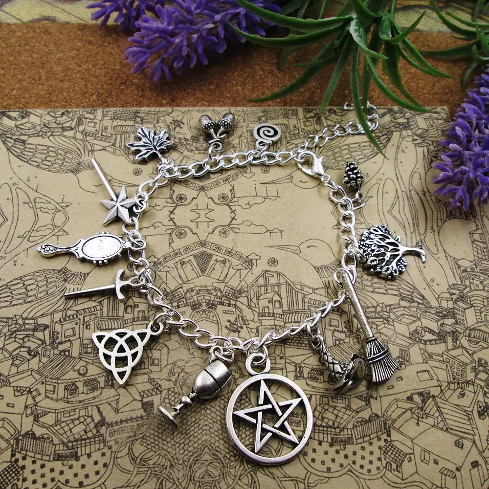 Silver Plated Charm Bracelet  ROSE Witch Wicca  Acorn Greenman Various Gemstones pendant bracelets