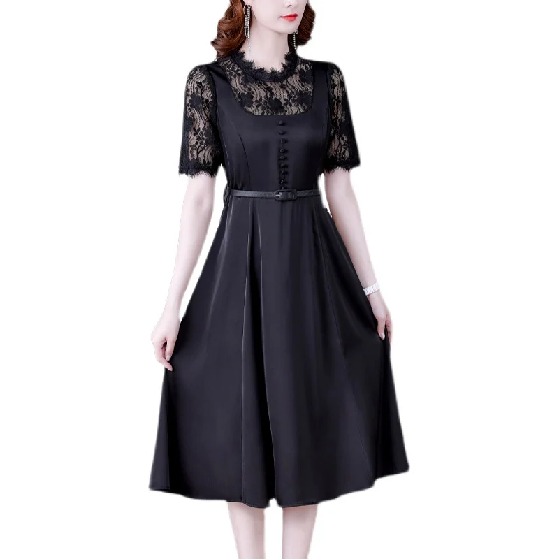 

2021 Vintage Black Lace Patchwork Satin Sexy Dress Summer Casual M-4XL Plus Size Midi Dress Women Elegant Slim Party Vestidos