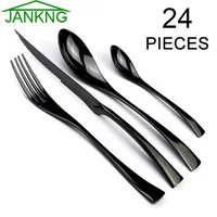 JANKNG 24-Pcs Black Dinnerware 18/10 Stainless Steel Flatware Set Steak Knife Fork Spoon Teaspoon Cutlery Set Food Tableware
