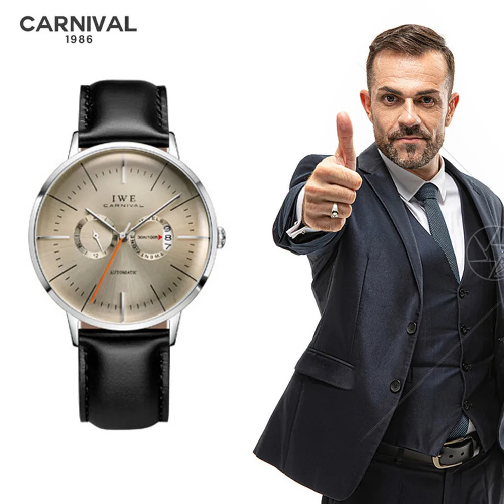 Carnival Brand Fashion Automatic Business Watch Man Luxury Waterproof Sapphire Calendar Mechanical Wristwatch Relogio Masculino