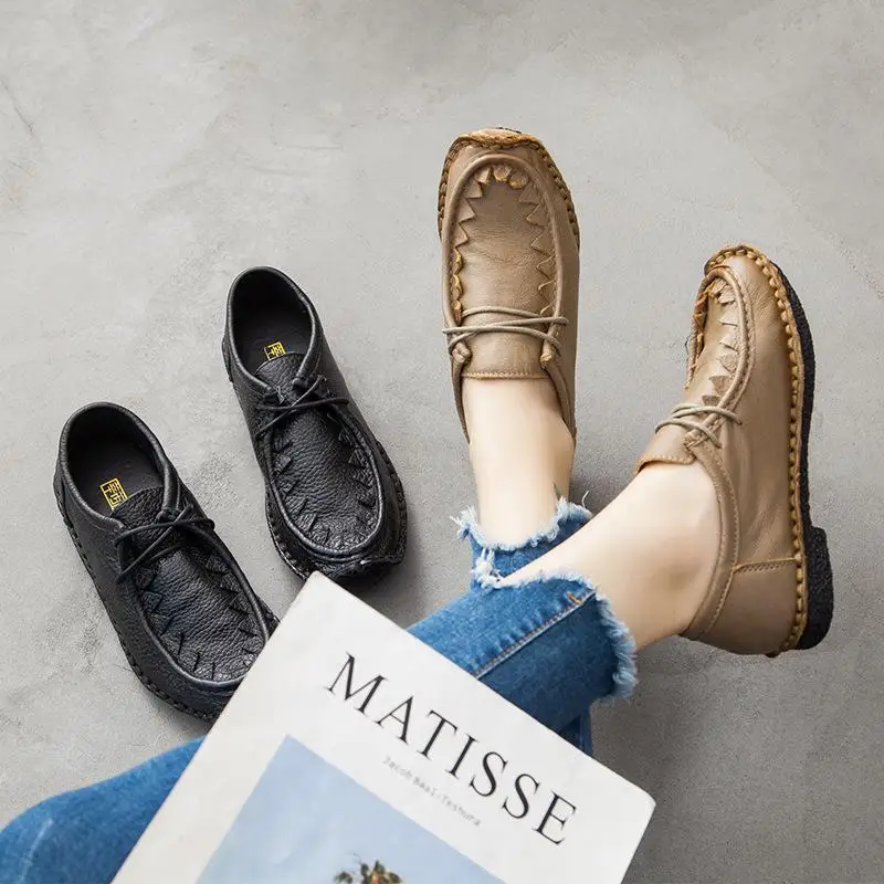 

Genuine Leather Shoes Women Flats Casual Loafers Shoes Comfortable 2021 Spring New Female Black Shoes Leather Oxford Flats