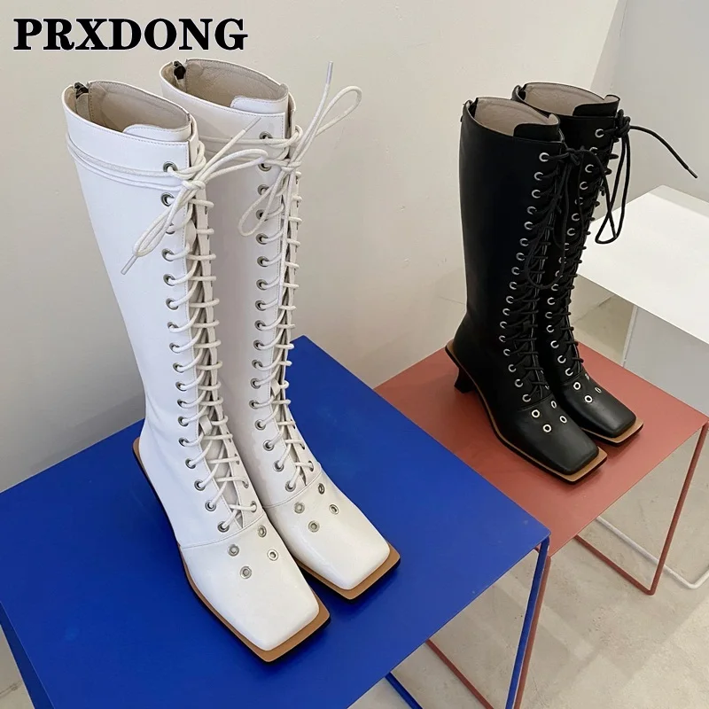 

Brand Women Knee High Boots Elegant Autumn Winter Genuine Cow Leather + Microfiber Shoes Woman Cross-Tied Thick High Heels Boots