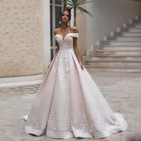 high quality a line satin wedding dresses sweetheart off the shoulder sweep train applique bridal gowns vestido de novia