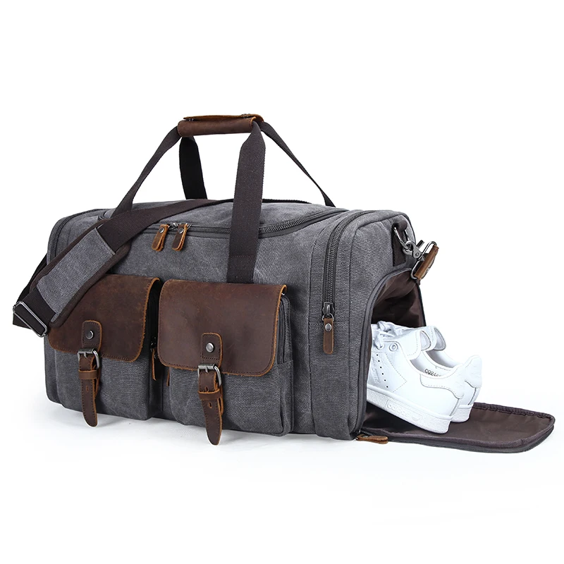 

Duffle Bag Weekender Duffel Bag for Men and Women Genuine Leather Canvas Travel Overnight Carry on Bag with Shoes Compartment