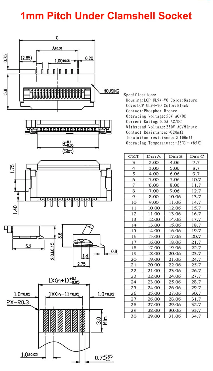 10pcs 0.5mm / 1mm Pitch Under Clamshell Socket FPC FFC Flat Cable Connector 4P 5P 6P 8P 10P 12P 14P 16P 20P 22P 24P 30P 34P - купить по