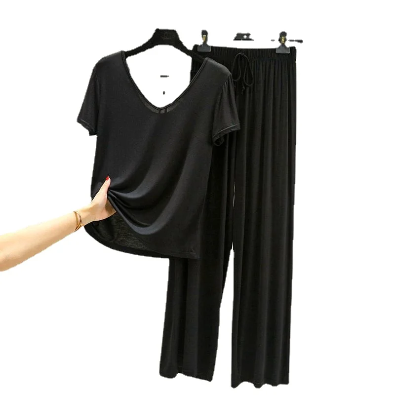 Summer New Modal V-neck Backless Pajamas Women's Wide Leg Pants Large Short Sleeve Home Suit Lady Sleepwear Female Nightwear