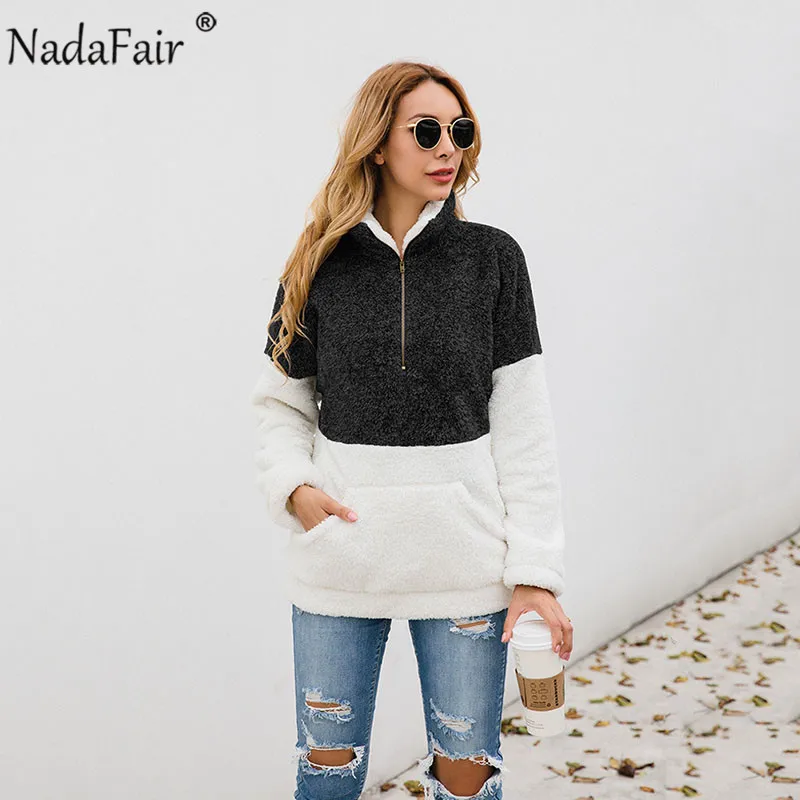 Nadafair, искусственный мех, повседневные, более размера d, толстовки, Женская толстовка, осень, пэчворк, карманы, молния, размера плюс, флис, Зимний пуловер - Цвет: Черный