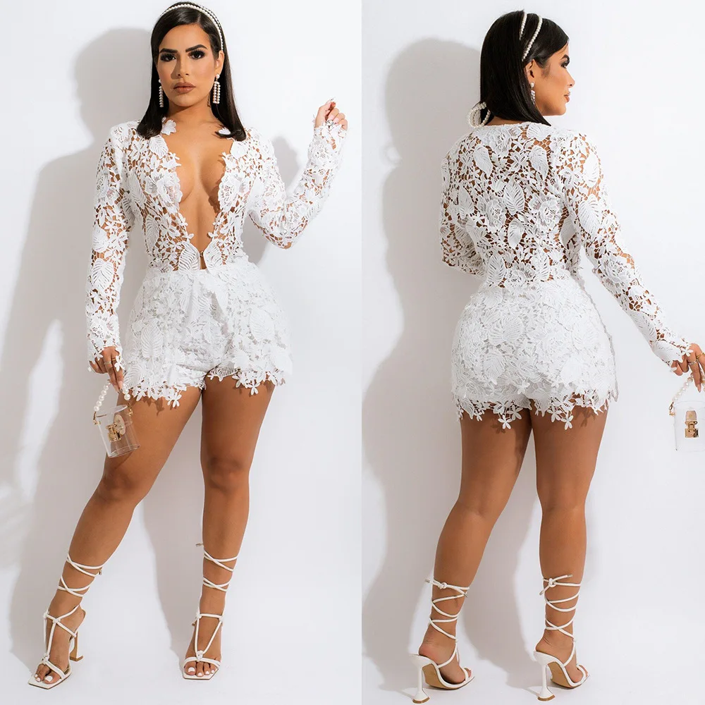 

Lace Floral Women Two Piece Set Outfits Sexy Hollow Out Shirts and Shorts Set Tracksuit