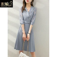contrast color stitching pleated suit dress 2021 summer new fashion temperament slim dress women