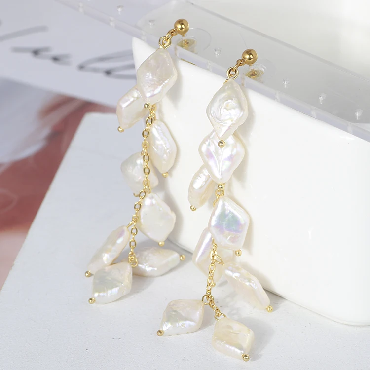 

Lady elegant temperament diamond natural freshwater pearl long tasser earrings