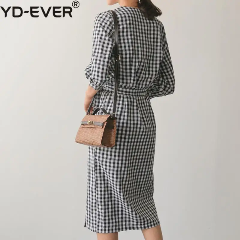 Женское платье миди в клетку винтажное из хлопка и льна с v образным вырезом Vestido