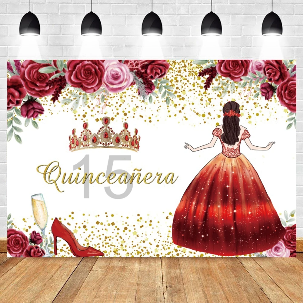 

Yeele Red Flower Happy Birthday Princess Crown Photocall Background Gold Glitter Dot Wedding Photo Studio Backdrop Photography