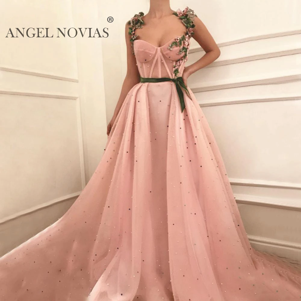 

Long Pink Arabic Evening Dress 2020 kaftan Dubai Formal Evening Prom Gowns Vestido Formatura Longo