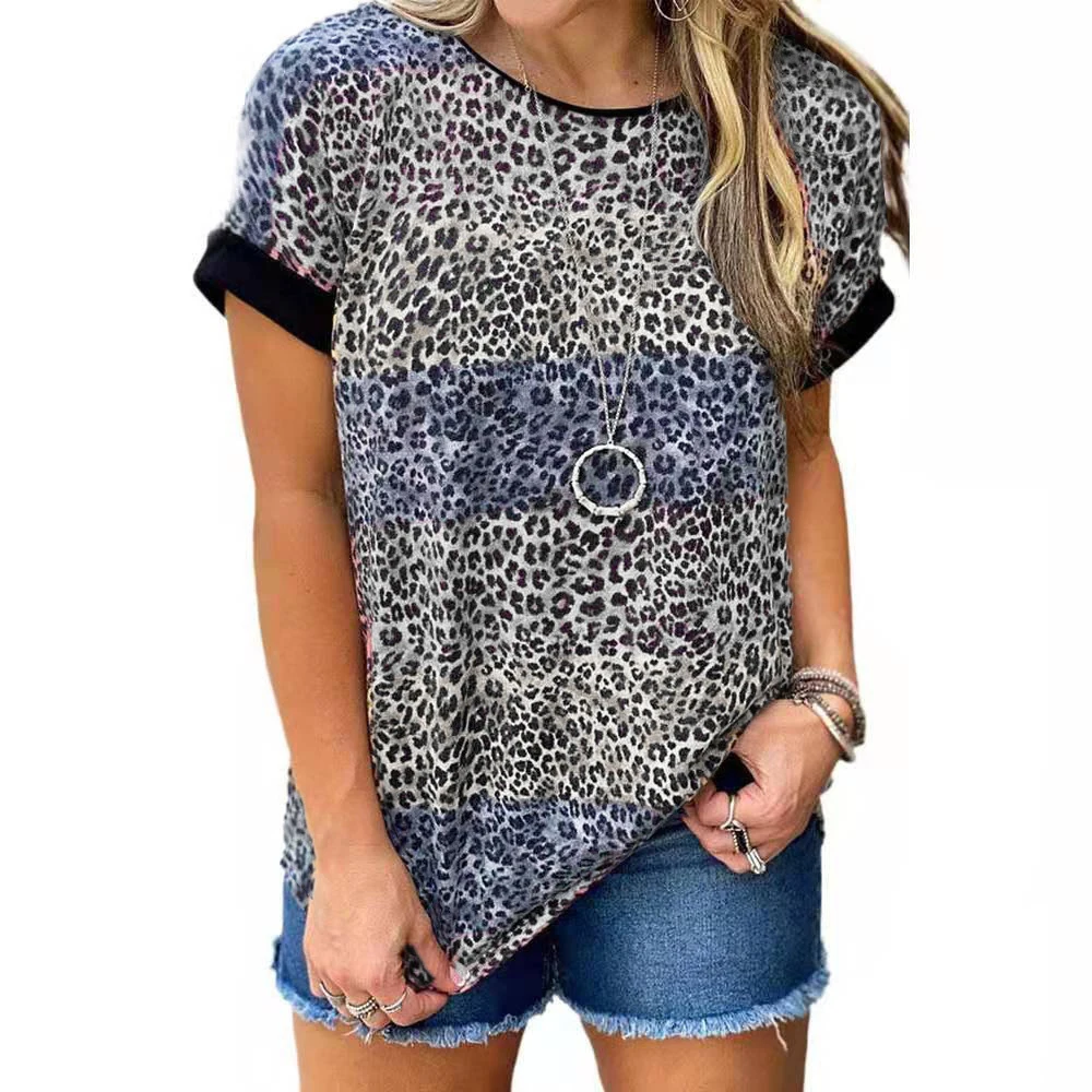 

Women Leopard Print T-Shirt Patchwork Ladies Top Tshirt For Summer Round Neck Loose Casual Female T-Shirt Tee Shirt D30