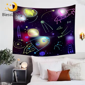 BlessLiving Space Tapestry Wall Hanging Galaxy Wall Carpet Cosmic Cartoon Sheets Watercolor Sheet Home Decor Spaceship Tapestry 1