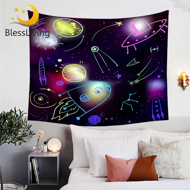 BlessLiving Space Tapestry Wall Hanging Galaxy Wall Carpet Cosmic Cartoon Sheets Watercolor Sheet Home Decor Spaceship Tapestry 1