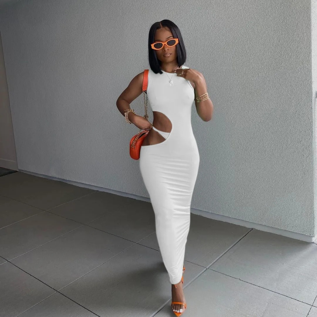 

wsevypo Casual Sleeveless Hollow-Waist Bodycon Dress Summer Women Ladies Round Collar Maxi Tank Dress Streetwear 6Colors