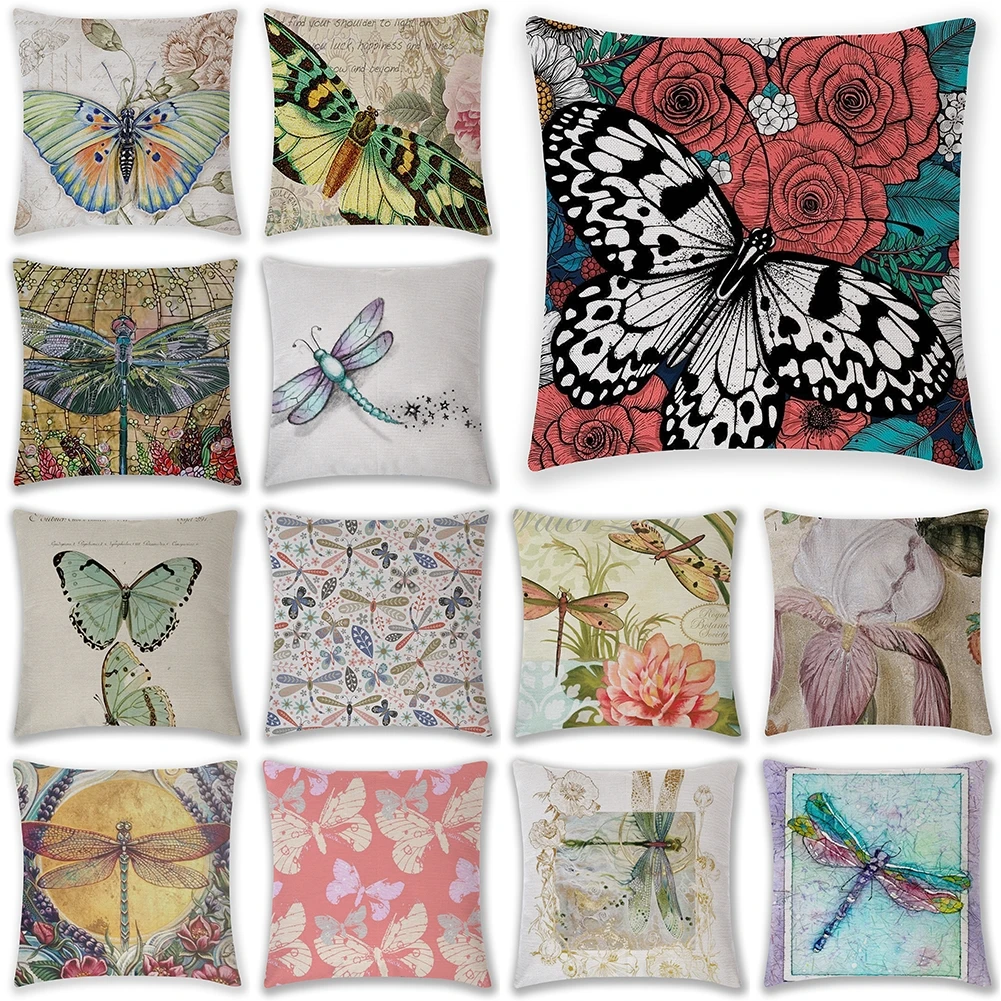 

Butterfly Dragonfly Pattern Cotton Linen Square Throw Pillow Case Living Room Sofa Cushion Cover 45x45 Elegant Home Decorative