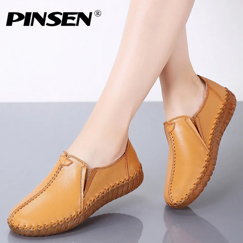PINSEN Autumn Women Flats Shoes Handmade Genuine Leather Slip-on Shoes Woman Moccasins Ladies Oxfords Ballerina Flats Shoes