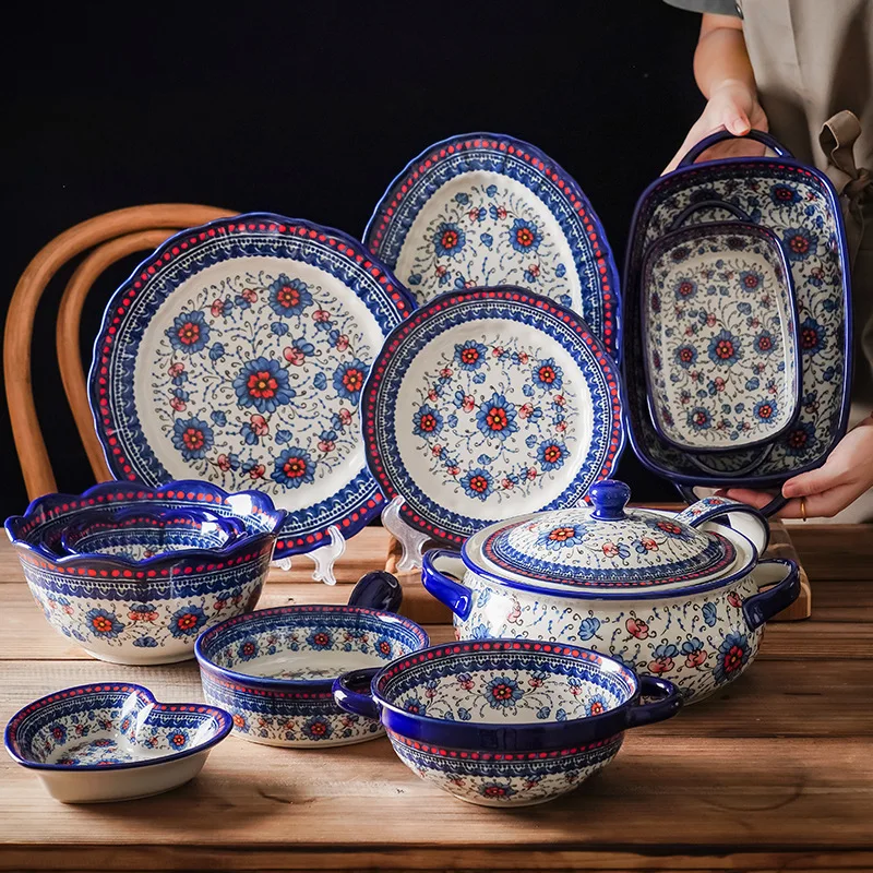 Polish ceramic plate and double ear bowl large bowl ethnic style noodle bowl microwave oven ceramic tableware set