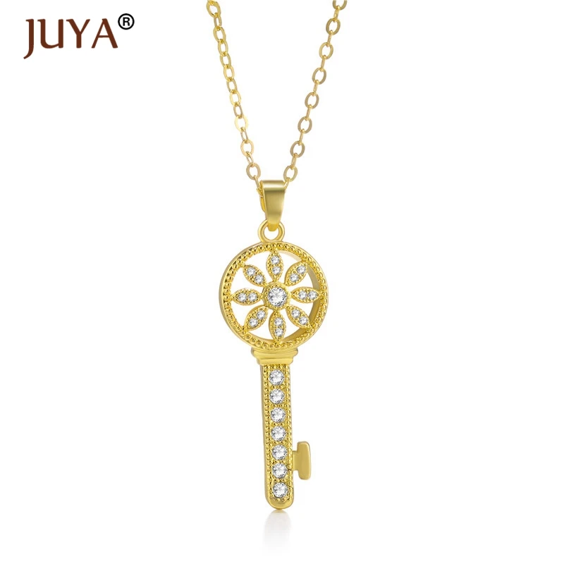 fashion statement necklaces for women Luxury Jewelry Copper Zircon Rhinestone Key Pendants Necklace Silver Femme