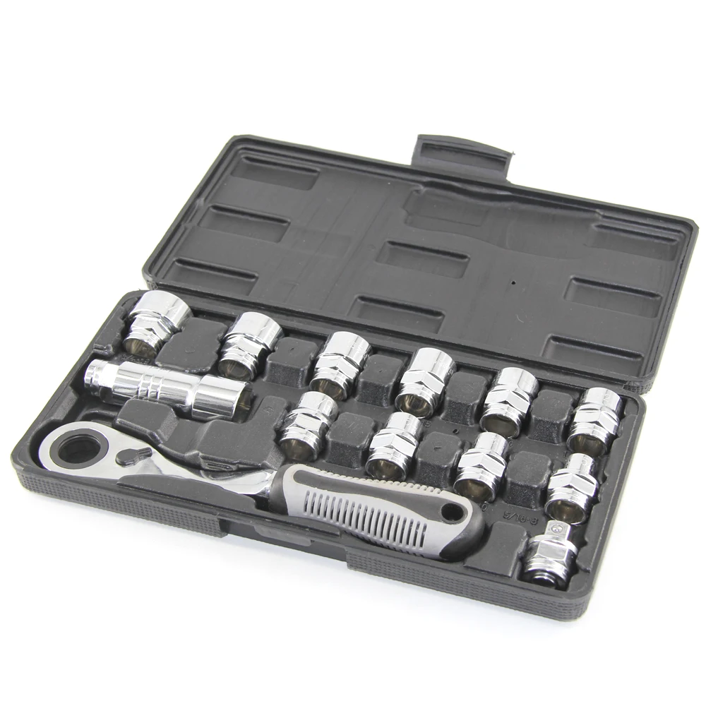 

13Pcs 3/8In Socket Wrench Dr. Go Through Sockets Drive Fits-All Pass-Thru Ratchet Handle Imperial Spline Mechanics Tool Set