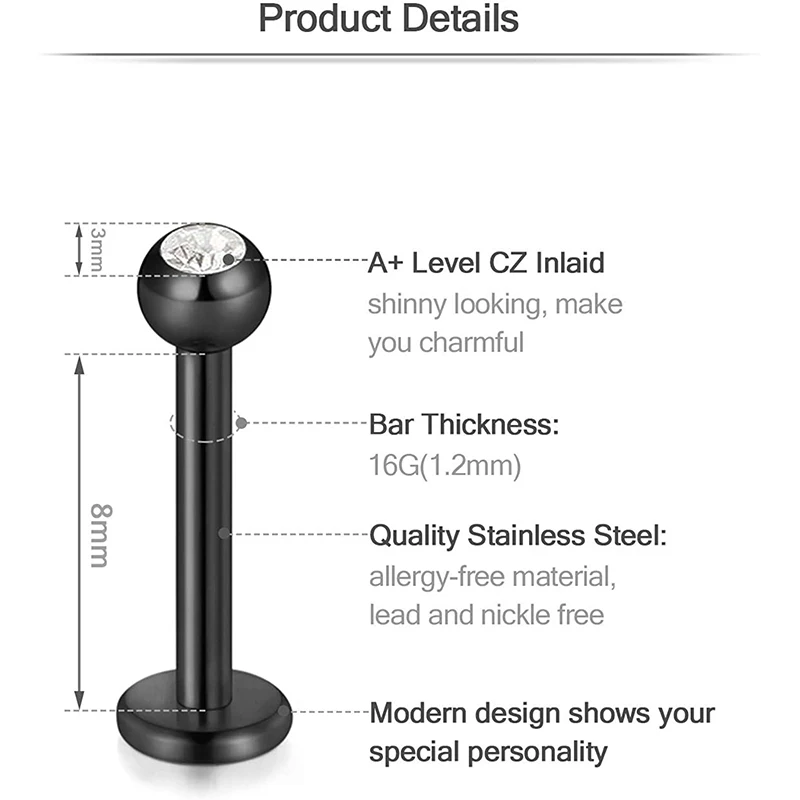 Серьга гвоздик для пирсинга губ с фианитом 16 г|Украшения тела| |