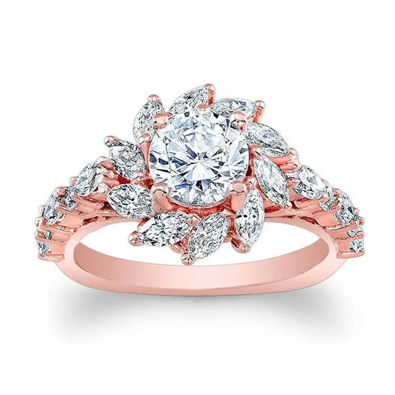 

Flower shape Rings Wedding Women Round Cut Gorgeous Rose Gold Color Ring Size 6-10 White Zircon