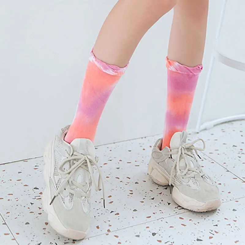 

5 Pairs Womens Girls Japanese Cotton Crew Socks Tie Dye Gradient Rainbow Stripes Bubble Loose Cuff Hip Hop Harajuku Casual