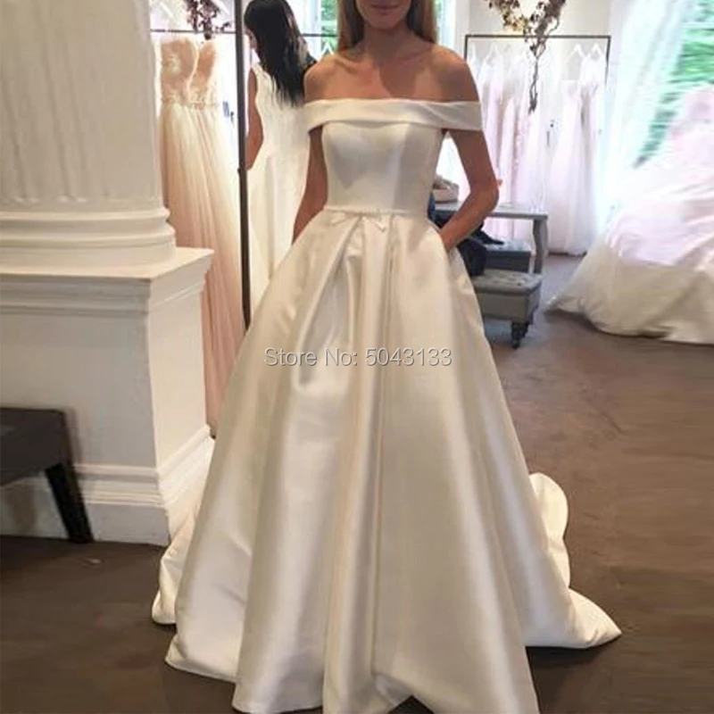 Elegant Satin A Line Wedding Dresses with Pockets Sexy Off the Shoulder Pleated Long Bridal Gowns Sweep Train Bride Dress