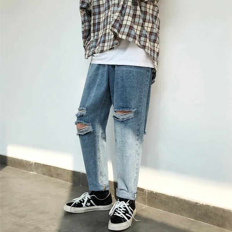 Рваные джинсы мужские Модные однотонные повседневные Прямые уличные свободные